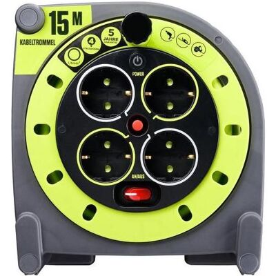 RS PRO Kabeltrommel 15m, 4 Schuko-Steckdosen, Gelb - Kabeltrommel RS PRO Kabeltrommel 15m, 4 Schuko-Steckdosen, Gelb - Kabeltrommel