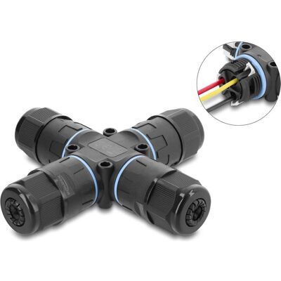 Delock, Kabelverbindung, Kabelverbinder X-Form, 3-polig, IP68, für 5-12 mm Kabel, Klemmung Delock, Kabelverbindung, Kabelverbinder X-Form, 3-polig, IP68, für 5-12 mm Kabel, Klemmung