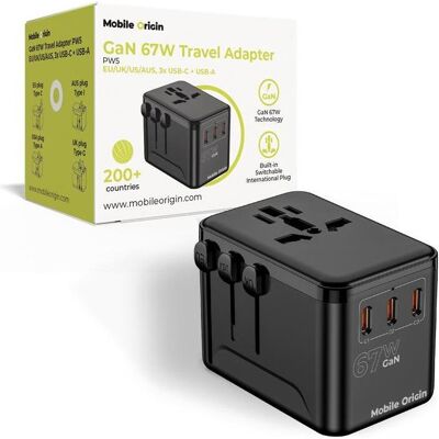 Mobile Origin, Reiseadapter, GaN 67W Reiseadapter PW5 / Ladegerät / EU/UK/US/AUS / 3x USB-C + USB-A Mobile Origin, Reiseadapter, GaN 67W Reiseadapter PW5 / Ladegerät / EU/UK/US/AUS / 3x USB-C + USB-A