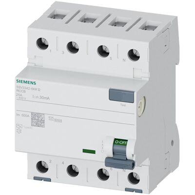 Siemens Schutzschalter, RCCB Type A 25A 3+N-pole 30mA 400V 4mW Siemens Schutzschalter, RCCB Type A 25A 3+N-pole 30mA 400V 4mW