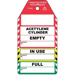 Brady, Sicherheitskennzeichnung, PROC-GB-PT 003-50, Dreiteiliger Acetylene Zylinder-Anhänger, Polypropylene, Schwarz auf Rot Brady, Sicherheitskennzeichnung, PROC-GB-PT 003-50, Dreiteiliger Acetylene Zylinder-Anhänger, Polypropylene, Schwarz auf Rot