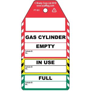Brady, Sicherheitskennzeichnung, PROC-GB-PT 001-50, Dreiteiliger Gaszylinder-Anhänger, Polypropylene, Schwarz auf Rot, Gelb Brady, Sicherheitskennzeichnung, PROC-GB-PT 001-50, Dreiteiliger Gaszylinder-Anhänger, Polypropylene, Schwarz auf Rot, Gelb