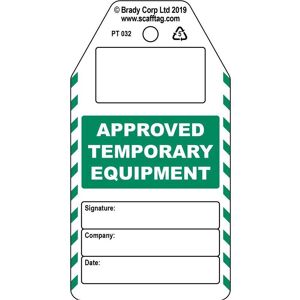 Brady, Sicherheitskennzeichnung, PROC-GB-PT 032-50, Approved Temporary Equipment - Anhänger, Polypropylene, Schwarz auf Grün Brady, Sicherheitskennzeichnung, PROC-GB-PT 032-50, Approved Temporary Equipment - Anhänger, Polypropylene, Schwarz auf Grün