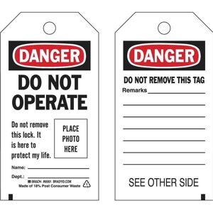 Brady, Sicherheitskennzeichnung, B-851, Foto-Anhänger für Warnhinweise, Schwarz & Rot auf Weiss, Beschriftung: "DANGER DO NOT Brady, Sicherheitskennzeichnung, B-851, Foto-Anhänger für Warnhinweise, Schwarz & Rot auf Weiss, Beschriftung: "DANGER DO NOT