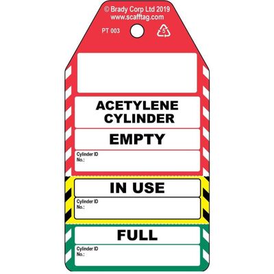 Brady, Sicherheitskennzeichnung, PROC-GB-PT 003-50, Dreiteiliger Acetylene Zylinder-Anhänger, Polypropylene, Schwarz auf Rot Brady, Sicherheitskennzeichnung, PROC-GB-PT 003-50, Dreiteiliger Acetylene Zylinder-Anhänger, Polypropylene, Schwarz auf Rot