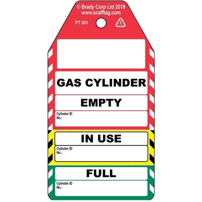 Brady, Sicherheitskennzeichnung, PROC-GB-PT 001-50, Dreiteiliger Gaszylinder-Anhänger, Polypropylene, Schwarz auf Rot, Gelb Brady, Sicherheitskennzeichnung, PROC-GB-PT 001-50, Dreiteiliger Gaszylinder-Anhänger, Polypropylene, Schwarz auf Rot, Gelb
