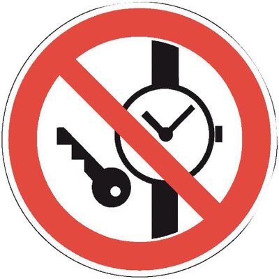 BRW, Sicherheitskennzeichnung, Verbotsschild Mitführen von Metallteilen oder Uhren verboten - Ø 10 cm BRW, Sicherheitskennzeichnung, Verbotsschild Mitführen von Metallteilen oder Uhren verboten - Ø 10 cm