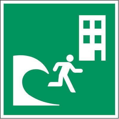Brady, Sicherheitskennzeichnung, ISO-Sicherheitsschild - Evakuierungsgebäude bei Tsunami Brady, Sicherheitskennzeichnung, ISO-Sicherheitsschild - Evakuierungsgebäude bei Tsunami