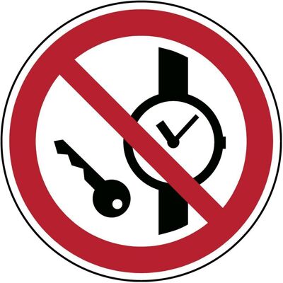 Brady, Sicherheitskennzeichnung, ISO-Sicherheitsschild - Mitführen von Metallteilen oder Uhren verboten Brady, Sicherheitskennzeichnung, ISO-Sicherheitsschild - Mitführen von Metallteilen oder Uhren verboten
