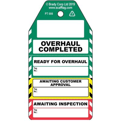 Brady, Sicherheitskennzeichnung, PROC-GB-PT 008-50, Vierteiliger Überholung komplett - Anhänger, Polypropylene, Schwarz auf R Brady, Sicherheitskennzeichnung, PROC-GB-PT 008-50, Vierteiliger Überholung komplett - Anhänger, Polypropylene, Schwarz auf R
