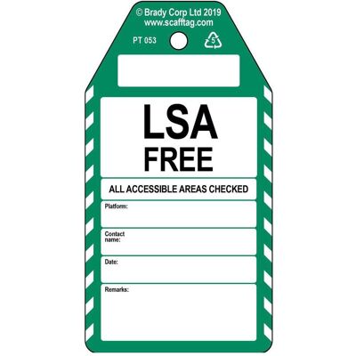 Brady, Sicherheitskennzeichnung, PROC-GB-PT 053-50, LSA Free - Anhänger, Polypropylene, Schwarz auf Grün & Weiss, 150 x 80 mm Brady, Sicherheitskennzeichnung, PROC-GB-PT 053-50, LSA Free - Anhänger, Polypropylene, Schwarz auf Grün & Weiss, 150 x 80 mm