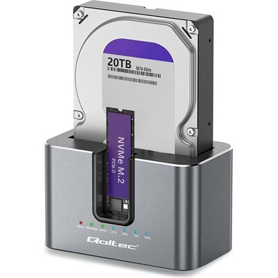 Qoltec Stacja dokująca 2w1 HDD SSD SATA M.2 NVME Klonowanie USB-C 10Gb/s 28TB (52631) (2.5", 3.5", M.2), Festplattengehäuse, Schwarz Qoltec Stacja dokująca 2w1 HDD SSD SATA M.2 NVME Klonowanie USB-C 10Gb/s 28TB (52631) (2.5", 3.5", M.2), Festplattengehäuse, Schwarz