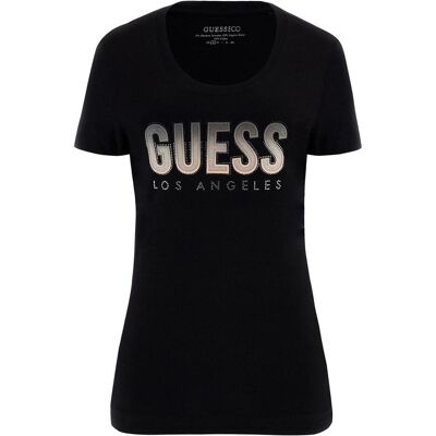 Guess Damen, Shirts, Damen T-Shirt mit Rundhalsausschnitt und schimmerndem Logo, Schwarz, (M) Guess Damen, Shirts, Damen T-Shirt mit Rundhalsausschnitt und schimmerndem Logo, Schwarz, (M)