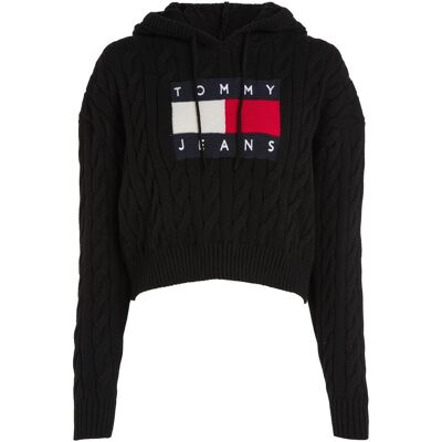 Tommy Hilfiger Damen, Pullover, Tjw Center Flag Cable Hoodie für Damen, Schwarz, (M) Tommy Hilfiger Damen, Pullover, Tjw Center Flag Cable Hoodie für Damen, Schwarz, (M)
