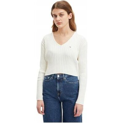 Tommy Hilfiger Damen, Pullover, TJW Reg Rib Pullover mit V-Ausschnitt, Weiss, (M) Tommy Hilfiger Damen, Pullover, TJW Reg Rib Pullover mit V-Ausschnitt, Weiss, (M)