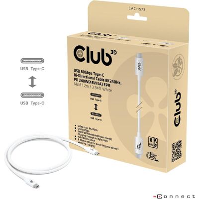 Club 3D Club3D Kabel USB C zertifi. PD240W/8K240Hz/80Gbps 1,2m weiss retail (1.20 m, USB 4, 240 W), USB Kabel Club 3D Club3D Kabel USB C zertifi. PD240W/8K240Hz/80Gbps 1,2m weiss retail (1.20 m, USB 4, 240 W), USB Kabel