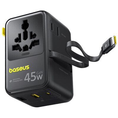 Baseus, Reiseadapter, Adapter podróżny PicoGo AG11 45W 6w1 ze zwijanym kablem USB-C - czarny Baseus, Reiseadapter, Adapter podróżny PicoGo AG11 45W 6w1 ze zwijanym kablem USB-C - czarny