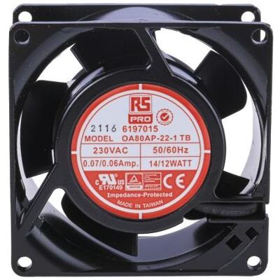 RS PRO Lüfter 80x80x38mm 230VAC 12W 52,7m³/h (80 mm), PC Lüfter, Schwarz RS PRO Lüfter 80x80x38mm 230VAC 12W 52,7m³/h (80 mm), PC Lüfter, Schwarz