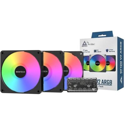 Montech CASE FAN 120MM GF120 V2/ARGB PWM 3I1(B) (120 mm, 3x), PC Lüfter, Mehrfarbig, Schwarz Montech CASE FAN 120MM GF120 V2/ARGB PWM 3I1(B) (120 mm, 3x), PC Lüfter, Mehrfarbig, Schwarz