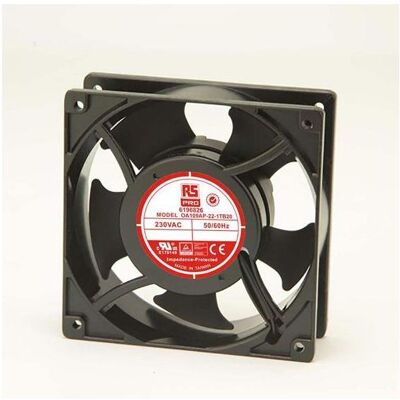 RS PRO Lüfter 120x120x38mm 230VAC 15W 186,9m³/h (120 mm), PC Lüfter, Schwarz RS PRO Lüfter 120x120x38mm 230VAC 15W 186,9m³/h (120 mm), PC Lüfter, Schwarz