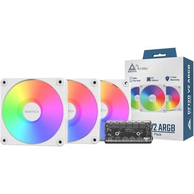 Montech CASE FAN 120MM GF120 V2/ARGB PWM 3I1(W) (120 mm, 3x), PC Lüfter, Mehrfarbig, Weiss Montech CASE FAN 120MM GF120 V2/ARGB PWM 3I1(W) (120 mm, 3x), PC Lüfter, Mehrfarbig, Weiss