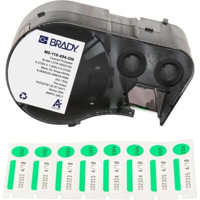 Brady, Etikettenrolle, M5-118-494-GN, Polyester, Schwarz auf Grün/Weiss, glänzend, 25,40 x 9,53 mm, Deckeletikett ⌀ Brady, Etikettenrolle, M5-118-494-GN, Polyester, Schwarz auf Grün/Weiss, glänzend, 25,40 x 9,53 mm, Deckeletikett ⌀