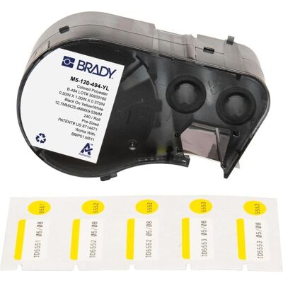 Brady, Etikettenrolle, M5-120-494-YL, Polyester, Schwarz auf Gelb/Weiss, glänzend, 25,40 x 12,70 mm, Deckeletikett ⌀ Brady, Etikettenrolle, M5-120-494-YL, Polyester, Schwarz auf Gelb/Weiss, glänzend, 25,40 x 12,70 mm, Deckeletikett ⌀