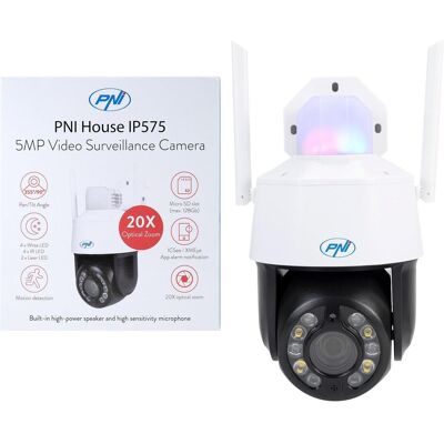 PNI Videoüberwachungskamera House IP575 5MP WiFi mit IP, 20-fach optischer Zoom, Varioobjektiv (2592 x 1944 Pixels), Netzwerkkamera, Weiss, Schwarz PNI Videoüberwachungskamera House IP575 5MP WiFi mit IP, 20-fach optischer Zoom, Varioobjektiv (2592 x 1944 Pixels), Netzwerkkamera, Weiss, Schwarz