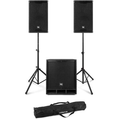 Power Dynamics Combo1500 set met statieven - 2.1 actieve speaker set met Bluetooth - 1500W (Aktiv, Subwoofer aktiv), PA Lautsprecher, Schwarz Power Dynamics Combo1500 set met statieven - 2.1 actieve speaker set met Bluetooth - 1500W (Aktiv, Subwoofer aktiv), PA Lautsprecher, Schwarz