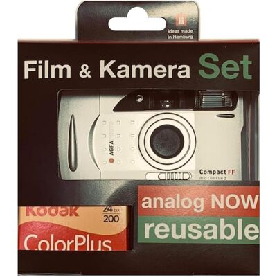 AGFAPHOTO Analog 35mm Camera with Motor Flash Set Color Photos Film Battery, Analogkamera, Silber AGFAPHOTO Analog 35mm Camera with Motor Flash Set Color Photos Film Battery, Analogkamera, Silber
