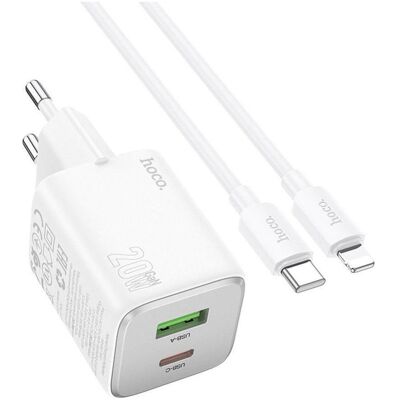 Hoco Adapter charger USB A + Type C + cable Type C to Lightning PD QC 3A 20W N41 white (20 W, 2 Ports), USB Ladegerät, Weiss Hoco Adapter charger USB A + Type C + cable Type C to Lightning PD QC 3A 20W N41 white (20 W, 2 Ports), USB Ladegerät, Weiss