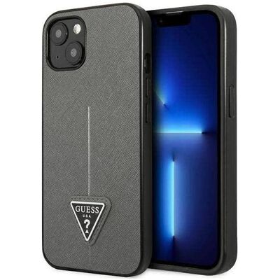 Guess iPhone 13 mini Silber Saffiano Leder Hülle - Dreieckiges Logo Guess iPhone 13 mini Silber Saffiano Leder Hülle - Dreieckiges Logo