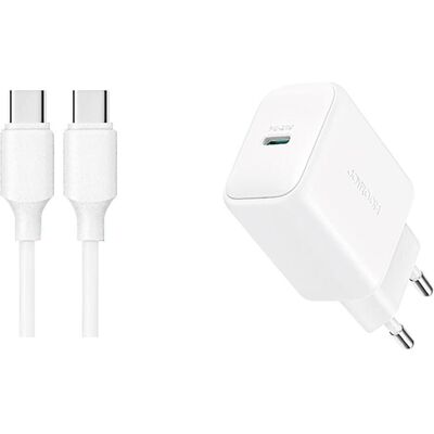 Joyroom PD 20W USB-C Fast Charger with 60W USB-C to USB-C Cable, 1m - White (20 W, 1 Port), USB Ladegerät, Weiss Joyroom PD 20W USB-C Fast Charger with 60W USB-C to USB-C Cable, 1m - White (20 W, 1 Port), USB Ladegerät, Weiss