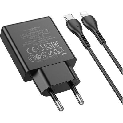 Hoco Adapter slim wall charger Type C + cable Type C to Lightning PD QC 30W N37 black (20 W, 1 Port), USB Ladegerät, Schwarz Hoco Adapter slim wall charger Type C + cable Type C to Lightning PD QC 30W N37 black (20 W, 1 Port), USB Ladegerät, Schwarz