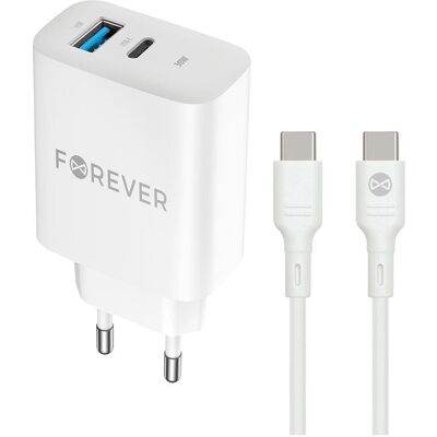 Forever TC-07 PD QC Ladegerät 1x USB-C 1x USB 30W weiss + USB-C - USB-C Kabel 60W (30 W, 2 Ports), USB Ladegerät, Weiss Forever TC-07 PD QC Ladegerät 1x USB-C 1x USB 30W weiss + USB-C - USB-C Kabel 60W (30 W, 2 Ports), USB Ladegerät, Weiss