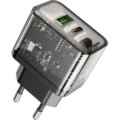 Hoco Adapter wall charger USB A + Type C PD QC3.0 3A 20W N34 transparent (20 W, 2 Ports), USB Ladegerät, Transparent Hoco Adapter wall charger USB A + Type C PD QC3.0 3A 20W N34 transparent (20 W, 2 Ports), USB Ladegerät, Transparent