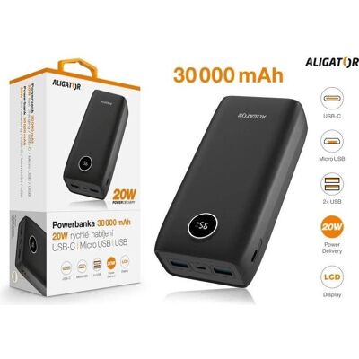 Aligator Powerbank Power Delivery 20W / Schnellladung / 30.000 mAh / schwarz (30000 mAh, 20 W), Powerbank, Schwarz Aligator Powerbank Power Delivery 20W / Schnellladung / 30.000 mAh / schwarz (30000 mAh, 20 W), Powerbank, Schwarz