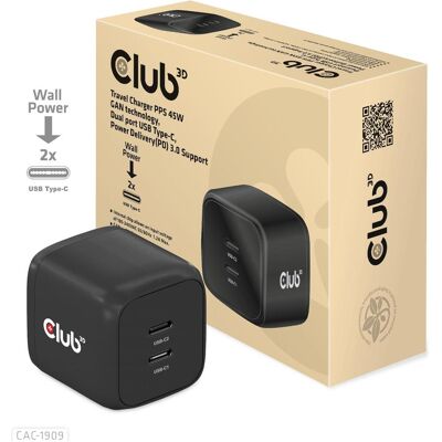 Club 3D Ladegerät PPS 45W GAN, Power Delivery (PD) 3.0 (45 W, 2 Ports), USB Ladegerät, Schwarz Club 3D Ladegerät PPS 45W GAN, Power Delivery (PD) 3.0 (45 W, 2 Ports), USB Ladegerät, Schwarz