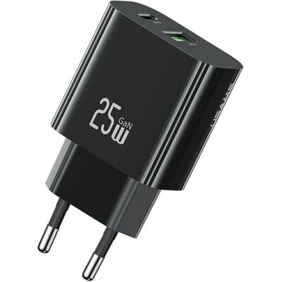 Usams Wall Charger CC315 T65 25W 1xUSB-C 1xUSB-A Fast Charging black (25 W, 2 Ports), USB Ladegerät, Schwarz Usams Wall Charger CC315 T65 25W 1xUSB-C 1xUSB-A Fast Charging black (25 W, 2 Ports), USB Ladegerät, Schwarz