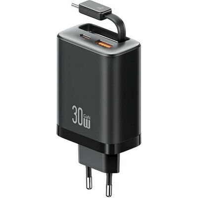 Usams CC296 30W Fast Charger With Retractable Type-C Cable (EU) - Xiang Series Black (30 W, 2 Ports), USB Ladegerät, Schwarz Usams CC296 30W Fast Charger With Retractable Type-C Cable (EU) - Xiang Series Black (30 W, 2 Ports), USB Ladegerät, Schwarz