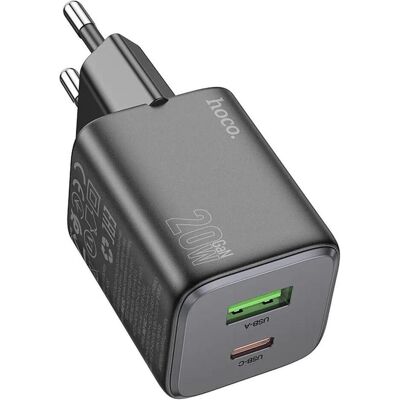 Hoco Adapter charger USB A + Type C PD QC 3A 20W N41 black (20 W, 2 Ports), USB Ladegerät, Schwarz Hoco Adapter charger USB A + Type C PD QC 3A 20W N41 black (20 W, 2 Ports), USB Ladegerät, Schwarz