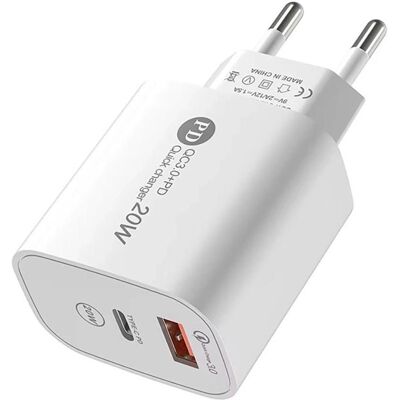 Hurtel Adapter A6MaxL 20W USB-A USB-C Wall Charger with 1m USB-C - Lightning Cable - White (20 W, 2 Ports), USB Ladegerät, Weiss Hurtel Adapter A6MaxL 20W USB-A USB-C Wall Charger with 1m USB-C - Lightning Cable - White (20 W, 2 Ports), USB Ladegerät, Weiss