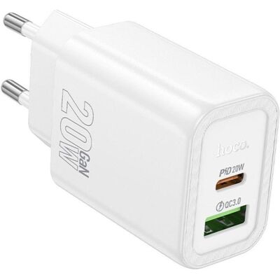 Hoco Adapter wall charger USB A + Type C PD QC3.0 3A 20W N61 white (20 W, 2 Ports), USB Ladegerät, Weiss Hoco Adapter wall charger USB A + Type C PD QC3.0 3A 20W N61 white (20 W, 2 Ports), USB Ladegerät, Weiss