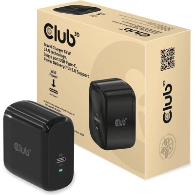 Club 3D Travel Charger (65 W, 1 Port), USB Ladegerät, Schwarz Club 3D Travel Charger (65 W, 1 Port), USB Ladegerät, Schwarz