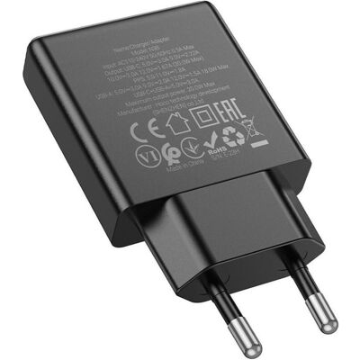 Hoco Adapter slim wall charger USB A + Type C PD QC3.0 3A 20W N38 black (20 W, 2 Ports), USB Ladegerät, Schwarz Hoco Adapter slim wall charger USB A + Type C PD QC3.0 3A 20W N38 black (20 W, 2 Ports), USB Ladegerät, Schwarz