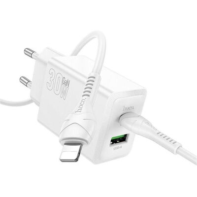 Hoco Adapter Phone charger USB A + USB C QC3.0 PD AFC 3A 30W + cable USB C to USB C N71 white (30 W, 2 Ports), USB Ladegerät, Weiss Hoco Adapter Phone charger USB A + USB C QC3.0 PD AFC 3A 30W + cable USB C to USB C N71 white (30 W, 2 Ports), USB Ladegerät, Weiss