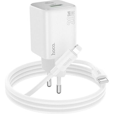 Hoco Adapter charger USB A + Type C + cable Type C to Lightning PD QC 3A 20W N41 white (20 W, 2 Ports), USB Ladegerät, Weiss Hoco Adapter charger USB A + Type C + cable Type C to Lightning PD QC 3A 20W N41 white (20 W, 2 Ports), USB Ladegerät, Weiss