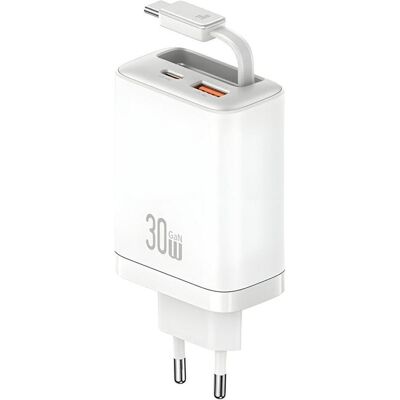 Usams CC296 30W Fast Charger With Retractable Type-C Cable (EU) - Xiang Series White (30 W, 2 Ports), USB Ladegerät, Weiss, Schwarz Usams CC296 30W Fast Charger With Retractable Type-C Cable (EU) - Xiang Series White (30 W, 2 Ports), USB Ladegerät, Weiss, Schwarz