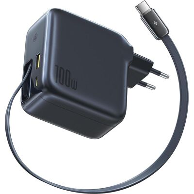 Baseus EnerCore CJ11 Charger Retractable 2C+U 100W EU Black (100 W, 3 Ports), USB Ladegerät, Schwarz Baseus EnerCore CJ11 Charger Retractable 2C+U 100W EU Black (100 W, 3 Ports), USB Ladegerät, Schwarz