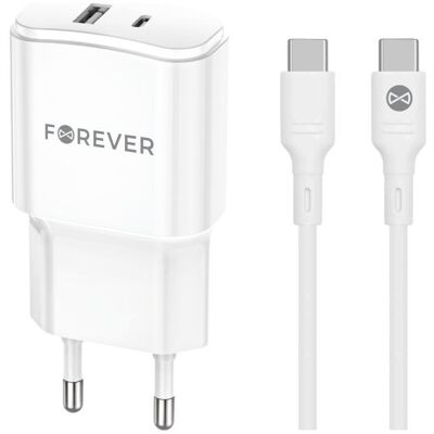 Forever TC-01-20AC PD QC Ladegerät 1x USB-C 1x USB 20W weiss + USB-C - USB-C Kabel 20W (20 W, 2 Ports), USB Ladegerät, Weiss Forever TC-01-20AC PD QC Ladegerät 1x USB-C 1x USB 20W weiss + USB-C - USB-C Kabel 20W (20 W, 2 Ports), USB Ladegerät, Weiss
